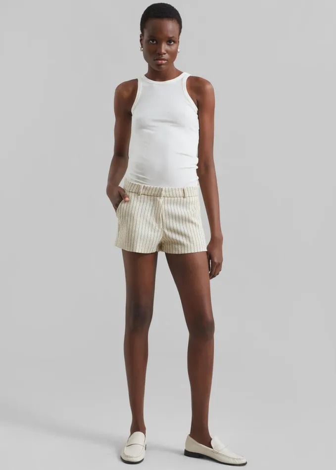 Clothing Women The Frankie Shop Kate Twill Mini Shorts 8211 Light BeigeBlack Pinstripe