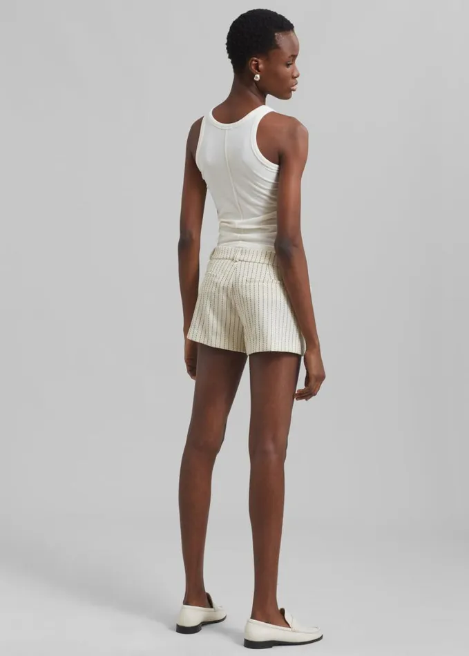 Clothing Women The Frankie Shop Kate Twill Mini Shorts 8211 Light BeigeBlack Pinstripe