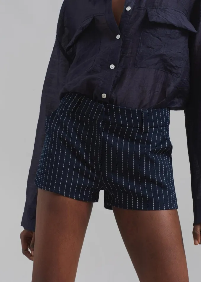 Clothing Women The Frankie Shop Kate Twill Mini Shorts 8211 NavyWhite Pinstripe