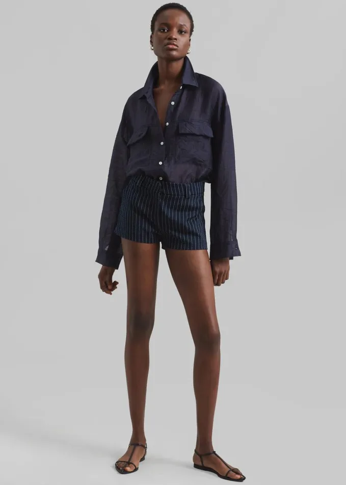 Clothing Women The Frankie Shop Kate Twill Mini Shorts 8211 NavyWhite Pinstripe