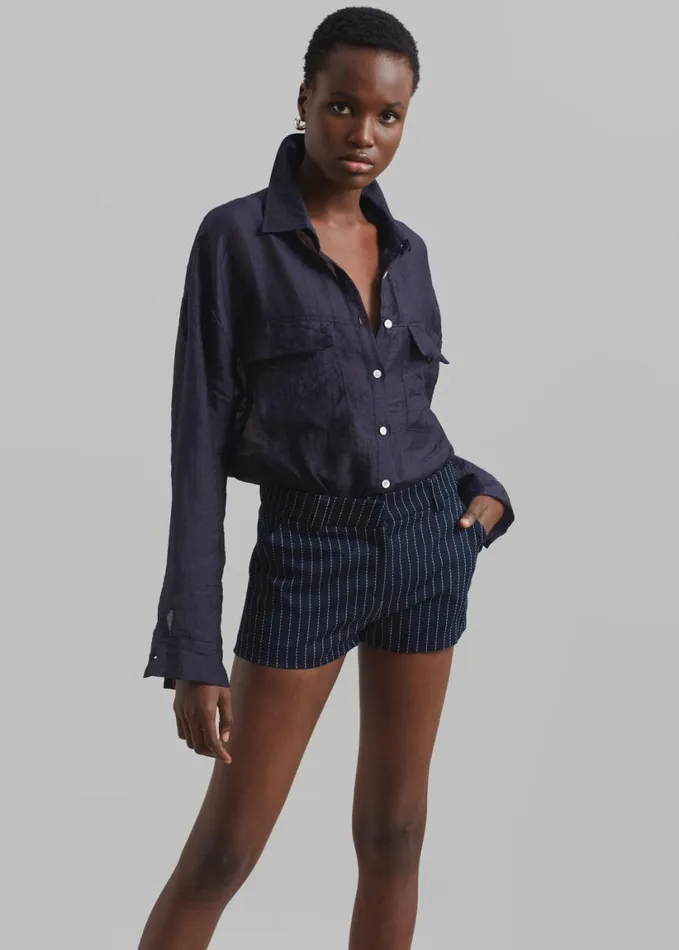 Clothing Women The Frankie Shop Kate Twill Mini Shorts 8211 NavyWhite Pinstripe
