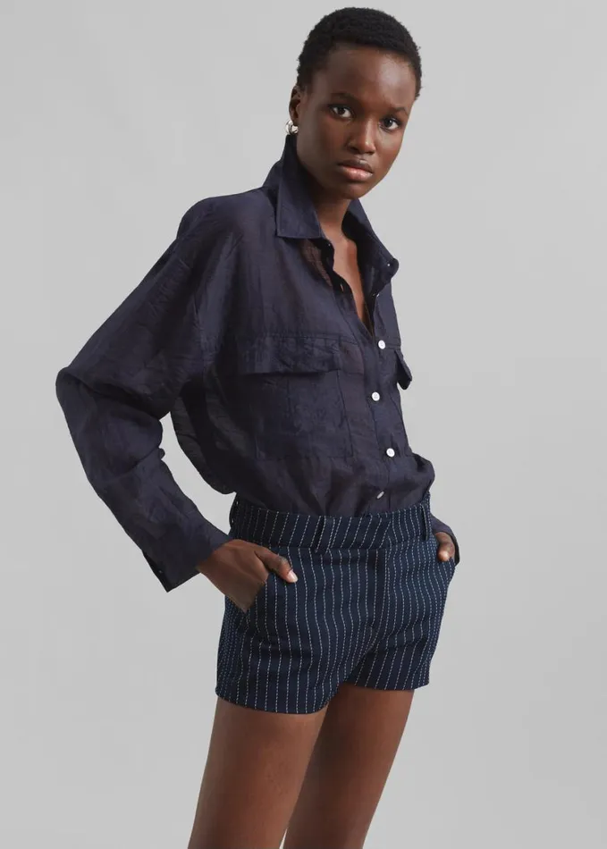 Clothing Women The Frankie Shop Kate Twill Mini Shorts 8211 NavyWhite Pinstripe