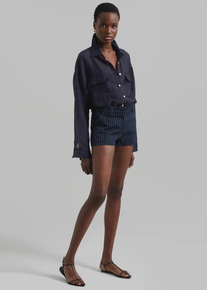 Clothing Women The Frankie Shop Kate Twill Mini Shorts 8211 NavyWhite Pinstripe