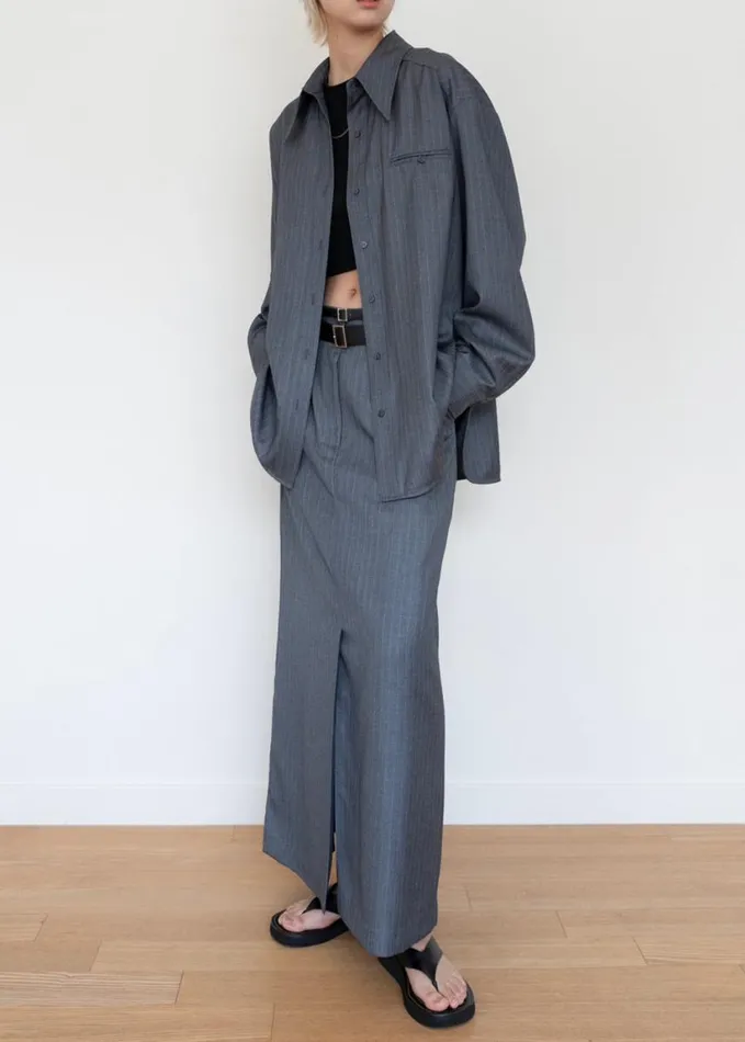 Clothing Women The Frankie Shop Kerry Button Up Shirt 8211 Grey Pinstripe