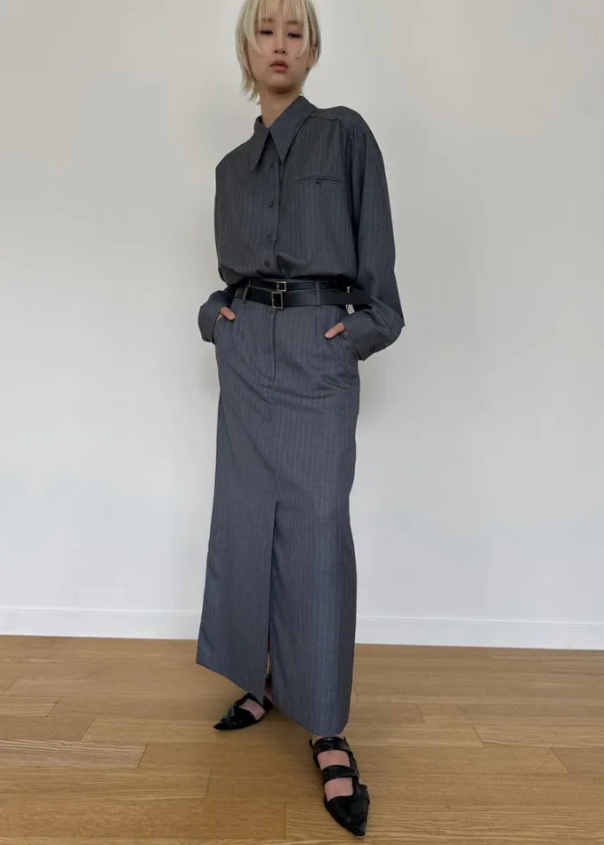 Clothing Women The Frankie Shop Kerry Button Up Shirt 8211 Grey Pinstripe