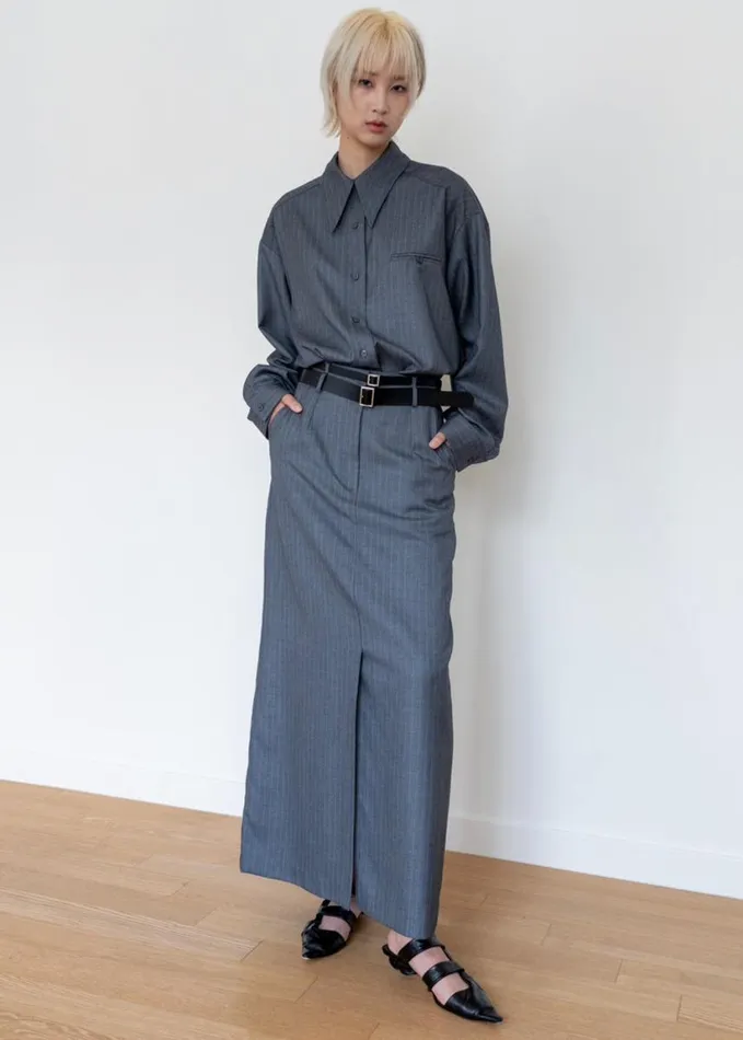 Clothing Women The Frankie Shop Kerry Button Up Shirt 8211 Grey Pinstripe
