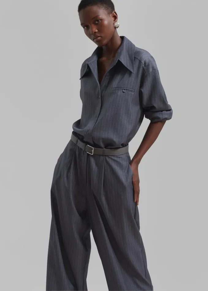 Clothing Women The Frankie Shop Kerry Button Up Shirt 8211 Grey Pinstripe