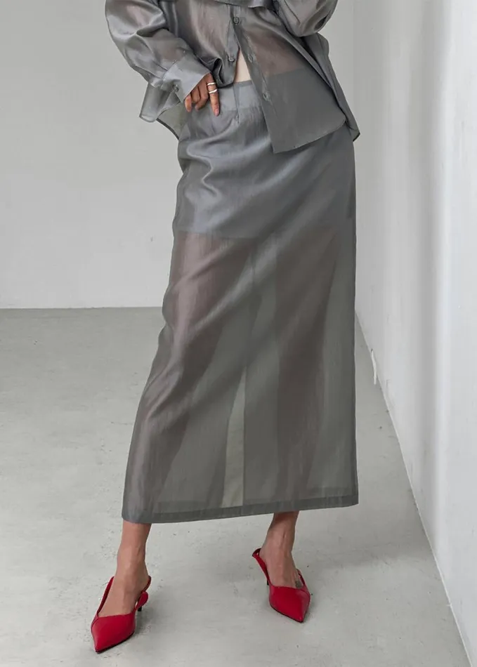 Clothing Women The Frankie Shop Lenore Semi Sheer Midi Skirt 8211 Grey
