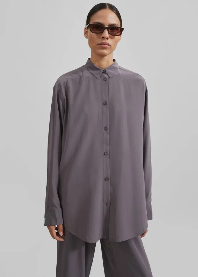 Clothing Women The Frankie Shop Matteau Long Sleeve Silk Shirt 8211 Slate