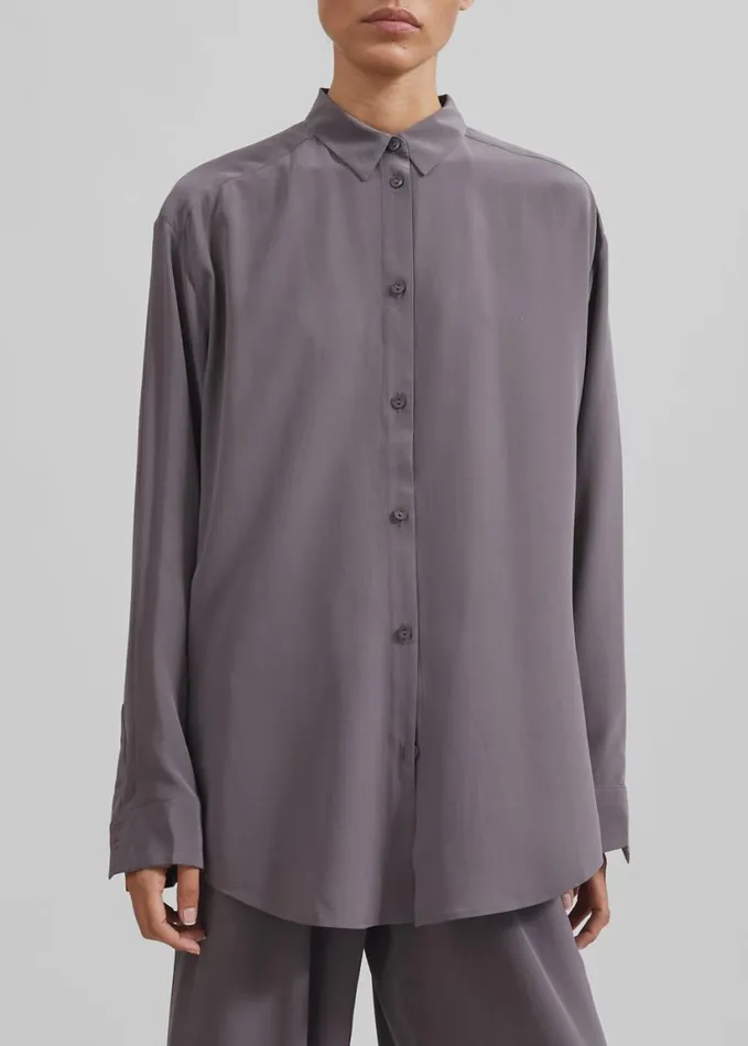 Clothing Women The Frankie Shop Matteau Long Sleeve Silk Shirt 8211 Slate