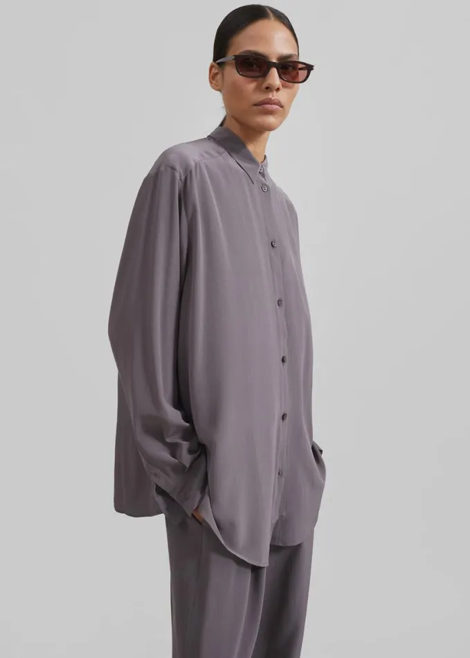 Clothing Women The Frankie Shop Matteau Long Sleeve Silk Shirt 8211 Slate