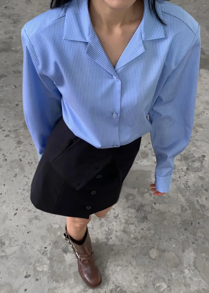 Clothing Women The Frankie Shop Noah Padded Button Up Shirt 8211 Blue Pinstripe