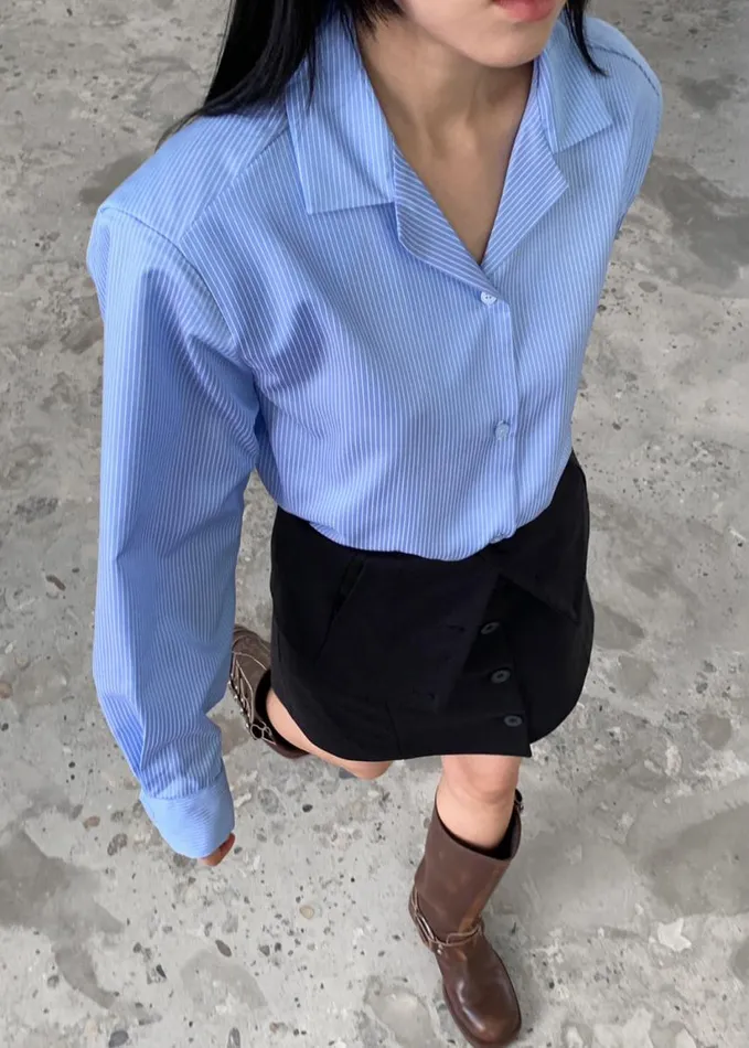 Clothing Women The Frankie Shop Noah Padded Button Up Shirt 8211 Blue Pinstripe
