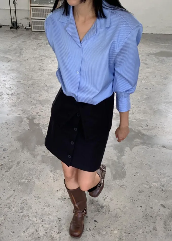 Clothing Women The Frankie Shop Noah Padded Button Up Shirt 8211 Blue Pinstripe