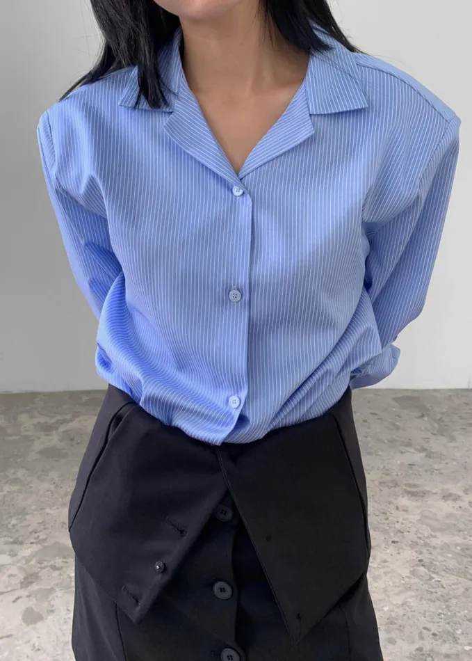 Clothing Women The Frankie Shop Noah Padded Button Up Shirt 8211 Blue Pinstripe