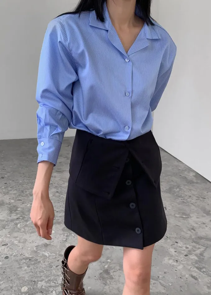 Clothing Women The Frankie Shop Noah Padded Button Up Shirt 8211 Blue Pinstripe