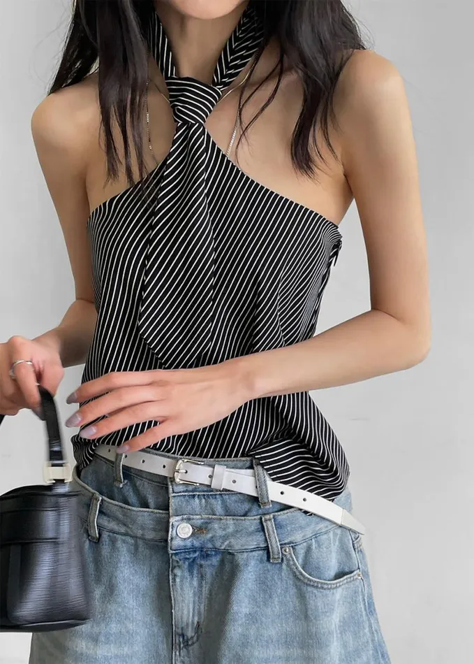 Clothing Women The Frankie Shop Sophie Tie Halter Top 8211 BlackWhite Stripe
