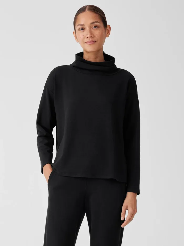Cozy Brushed Terry Hug Funnel Neck Top Black Women Eileen Fisher Tops and Tees