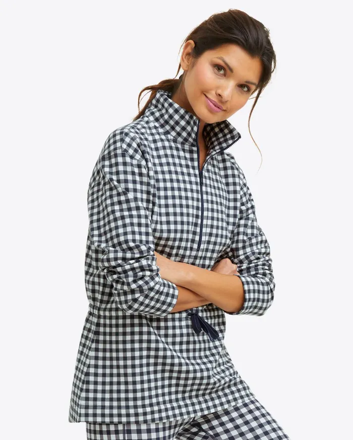 Draper James Cinch Waist QuarterZip In Navy Gingham Women Tops