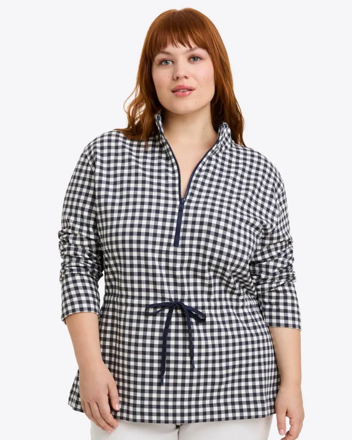 Draper James Cinch Waist QuarterZip In Navy Gingham Women Tops