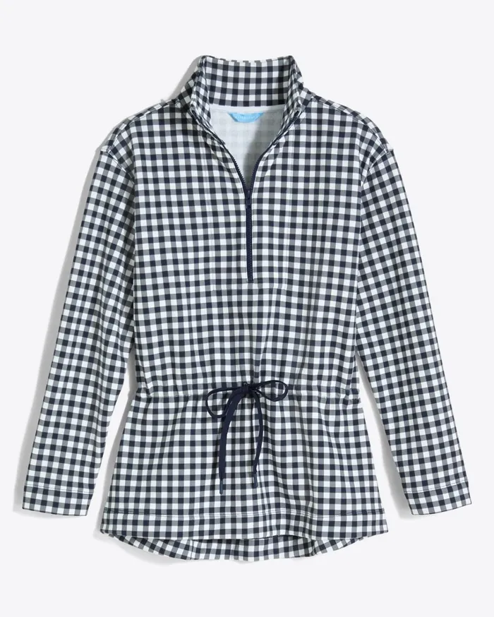 Draper James Cinch Waist QuarterZip In Navy Gingham Women Tops