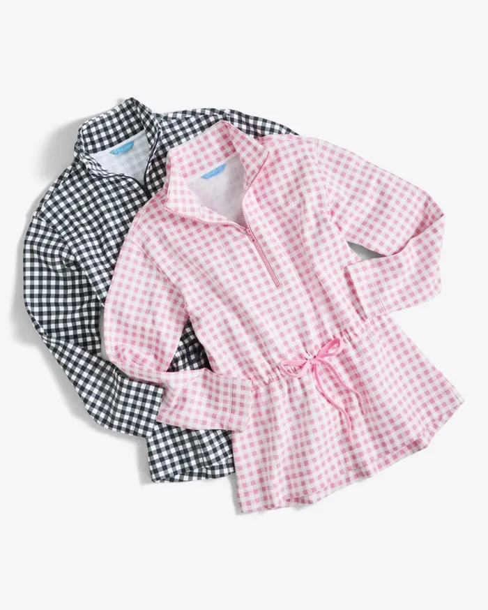 Draper James Cinch Waist QuarterZip In Navy Gingham Women Tops