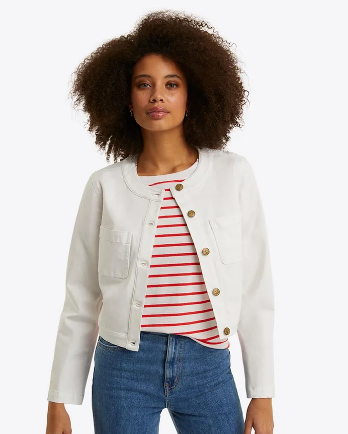 Draper James Collarless Jacket In White Denim Women Jackets and Outerwear