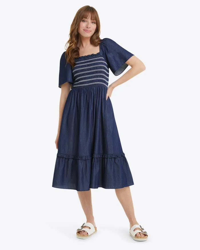 Draper James Deana Smocked Dress In Dark Wash Women Dresses