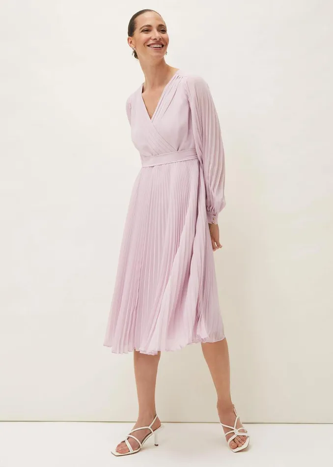 Elsa Pleated Long Sleeved VNeck Midi Dress Frosted Heather Women Phase Eight Dresses