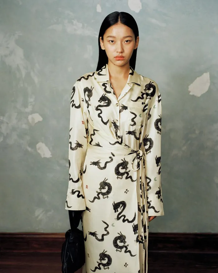 Else Slip Satin Wrap Shirt Dress CremeAquarelle Dragon Print Women Nanushka Dresses