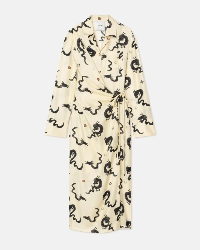 Else Slip Satin Wrap Shirt Dress CremeAquarelle Dragon Print Women Nanushka Dresses