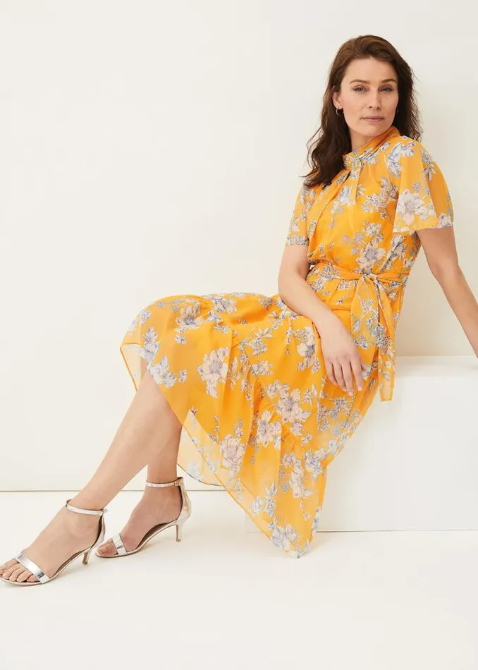 Emmalyn Tiered Georgette Dress Canary Women Phase Eight Dresses