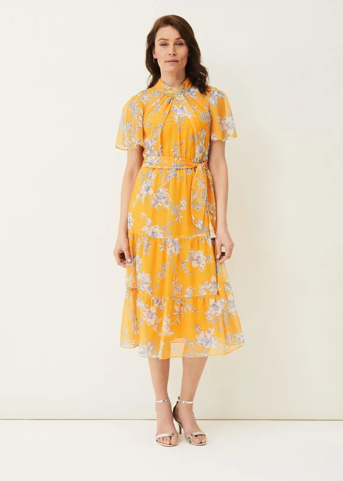 Emmalyn Tiered Georgette Dress Canary Women Phase Eight Dresses