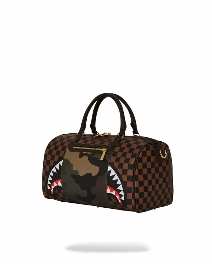 EXTERIOR GOLD ZIP POCKET SHARKS IN PARIS MINI DUFFLE Bags SPRAYGROUND