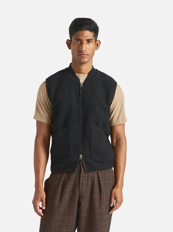 Fleece Men Universal Works Universal Works Zip Waistcoat In Black Wool Fleece