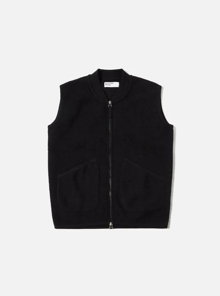 Fleece Men Universal Works Universal Works Zip Waistcoat In Black Wool Fleece