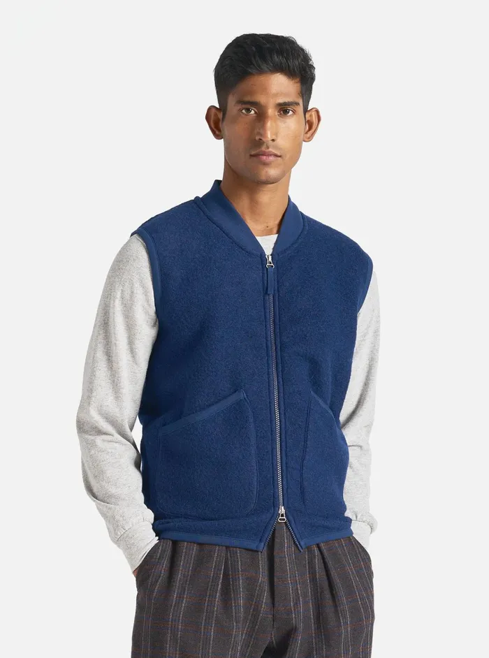 Fleece Men Universal Works Universal Works Zip Waistcoat In Indigo Wool Fleece