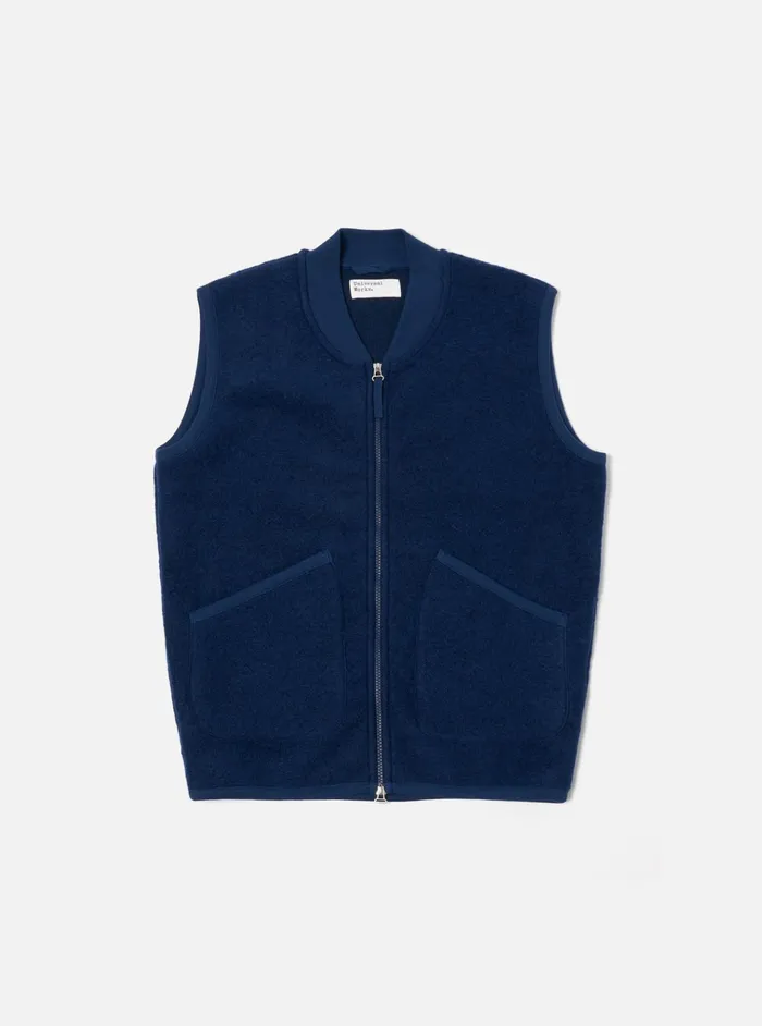 Fleece Men Universal Works Universal Works Zip Waistcoat In Indigo Wool Fleece