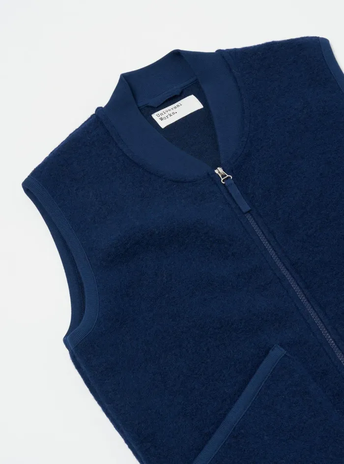 Fleece Men Universal Works Universal Works Zip Waistcoat In Indigo Wool Fleece