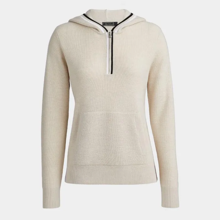 GFORE WAFFLE STITCH MERINO WOOL HOODED QUARTER ZIP SWEATER Stone Heather Women Sweaters