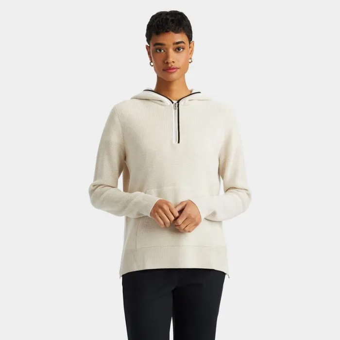 GFORE WAFFLE STITCH MERINO WOOL HOODED QUARTER ZIP SWEATER Stone Heather Women Sweaters