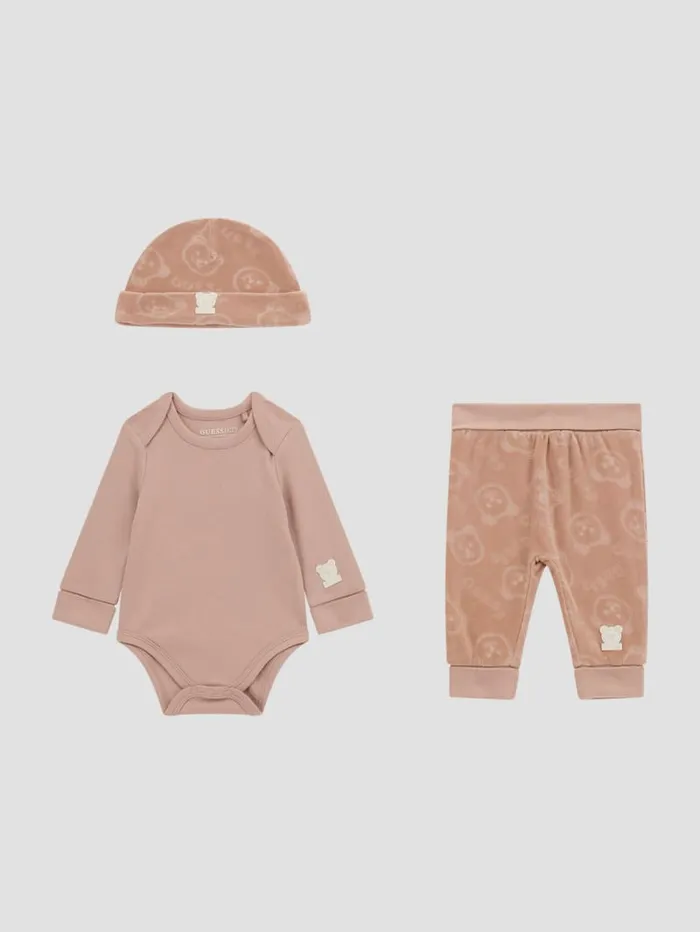 GUESS Baby Boy 0 24M Eco Teddy Bear Bodysuit Pants And Hat Set 012M Pink 8211 Kids