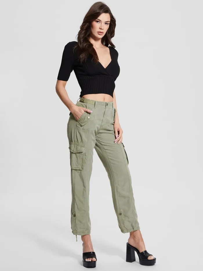 GUESS Bottoms Eco Nessi Linen Cargo Pants Green 8211 Women