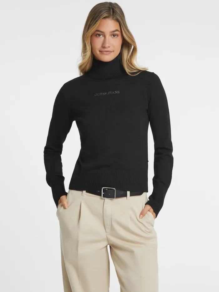 GUESS Dresses and Jumpsuits Silk And WoolBlend Turtleneck Logo Sweater Black 8211 Women
