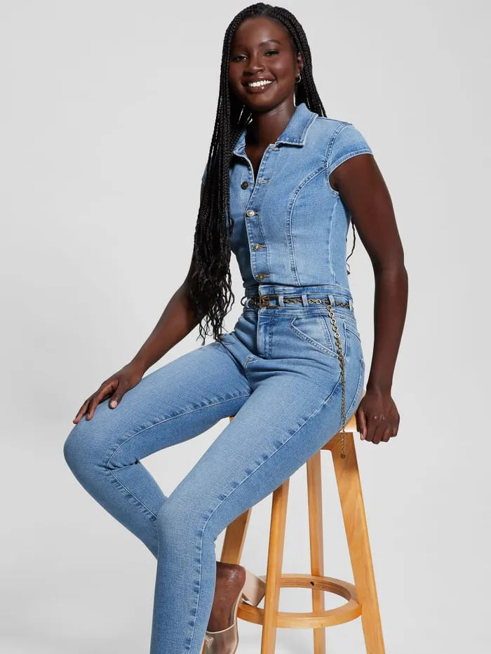 GUESS Jeans and Denim Eco Nova Belted Denim Jumpsuit Blue 8211 Women