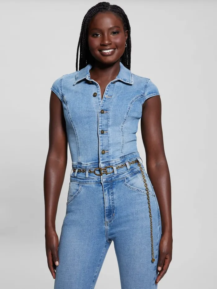 GUESS Jeans and Denim Eco Nova Belted Denim Jumpsuit Blue 8211 Women