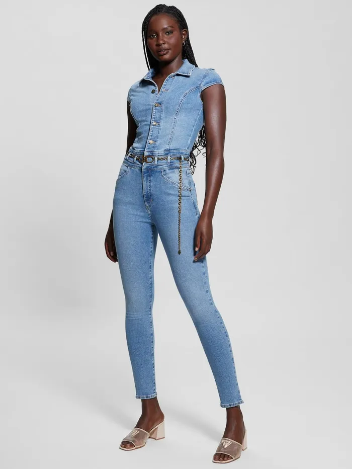 GUESS Jeans and Denim Eco Nova Belted Denim Jumpsuit Blue 8211 Women
