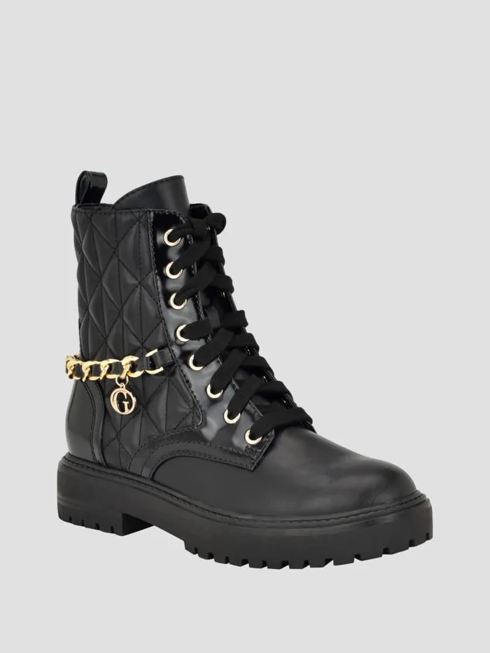 GUESS Sale Jellard Quilted Chain Moto Boots Brown 8211 Women