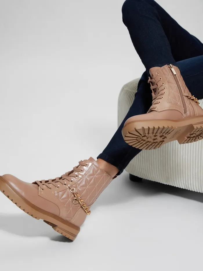 GUESS Sale Jellard Quilted Chain Moto Boots Brown 8211 Women