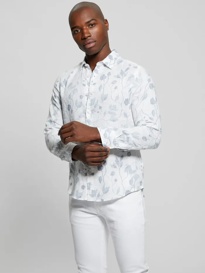 GUESS Shirts Eco Watercolor Vines Linen Shirt Blue 8211 Men
